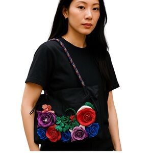 Dan W Black Nylon and Leather Floral Oversized Tote 1990's Statem Bag Vintage